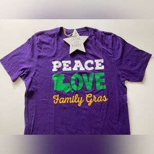Mardi Gras Purple “Peace Love Family Gras” Unisex Tee by Bella + Canvas, Size XL